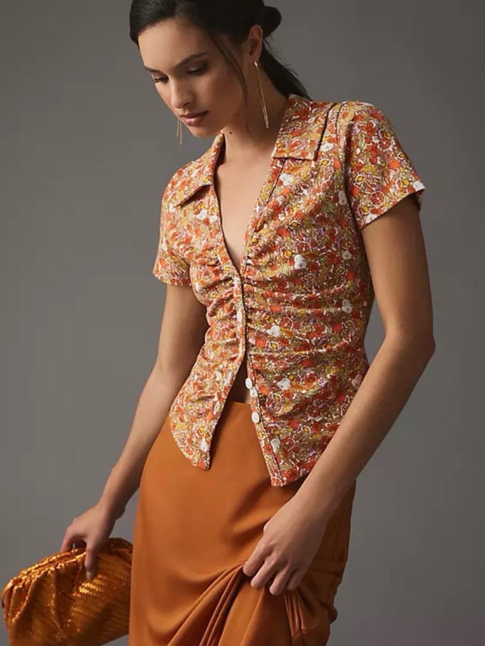 Anthropologie Orange Floral Ruched Button-Front Top